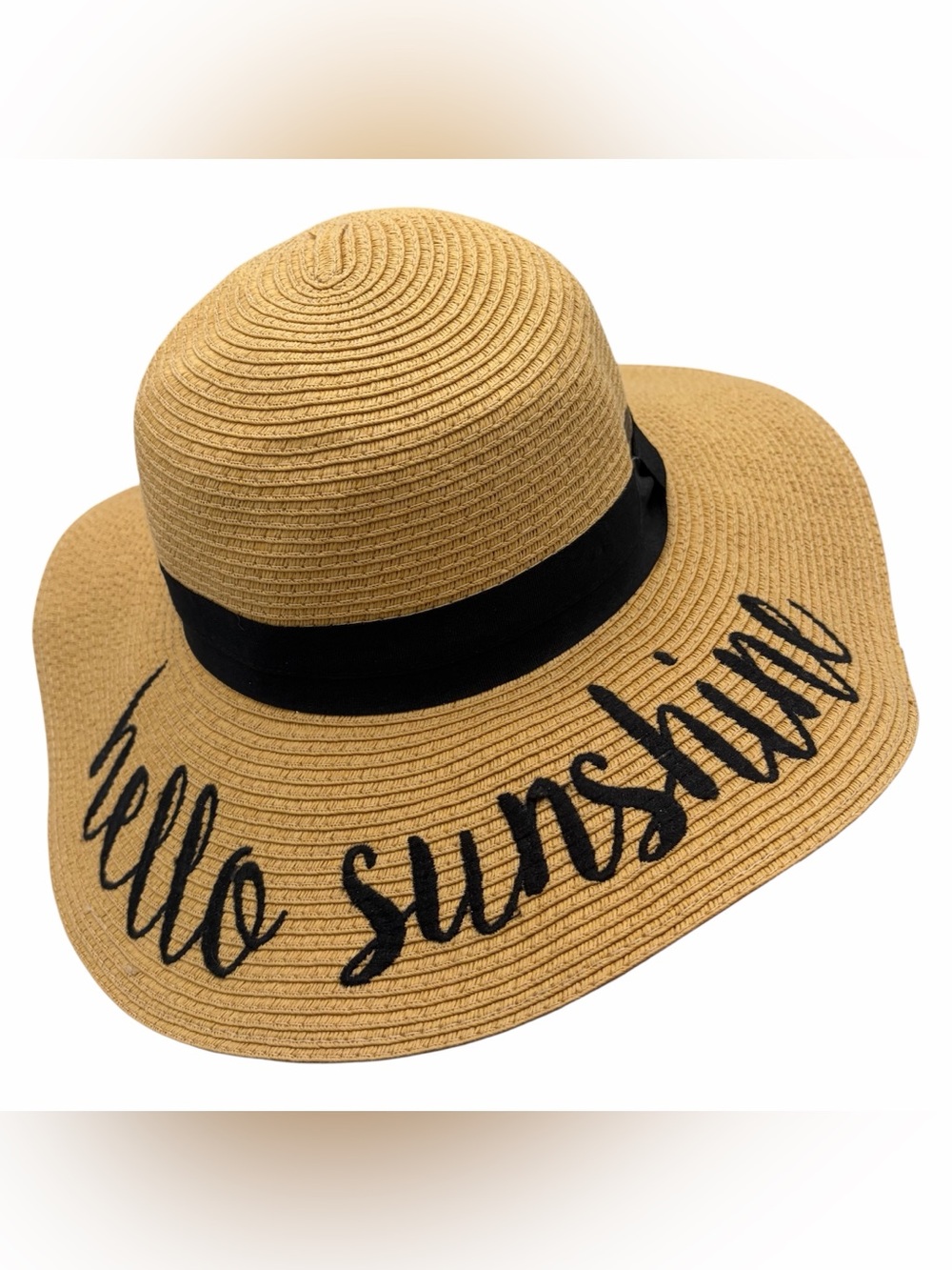 Wide Brim Straw Sun Hat "Hello Sunshine" - Tan with Black Trim